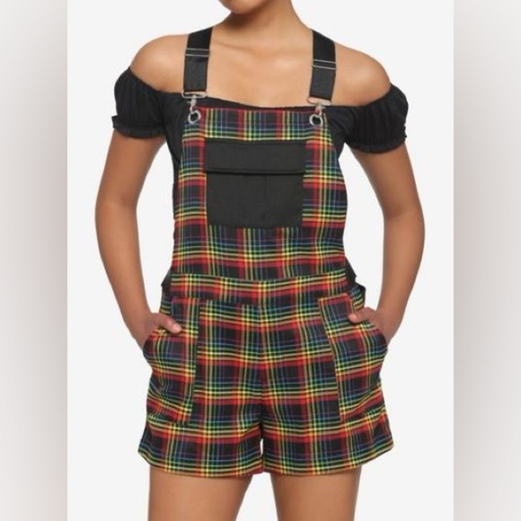 Hot Topic Rainbow Grid Utility Shortalls Overalls Multicolor Sz S - Picture 1 of 10